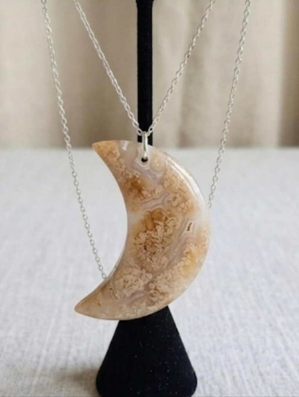 Dreamy Natural Dendritic Flower Agate Crescent Moon Big Pendant Statement Piece